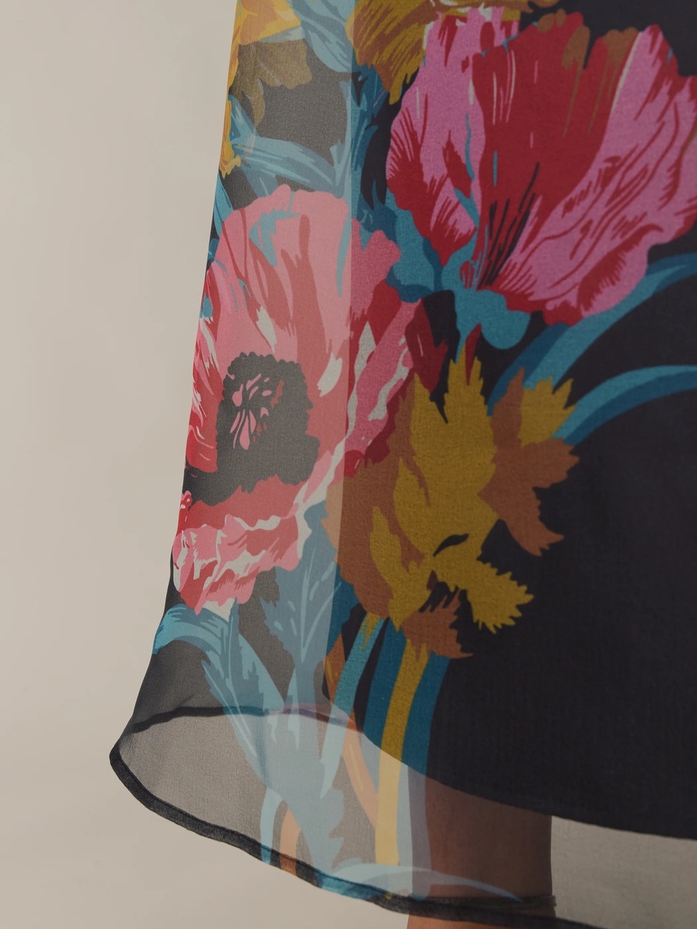 Caara Few Moda Alette Dress Sheer Floral Maxi Multicolor Tulip Blooms On Black - Picture 2 of 12